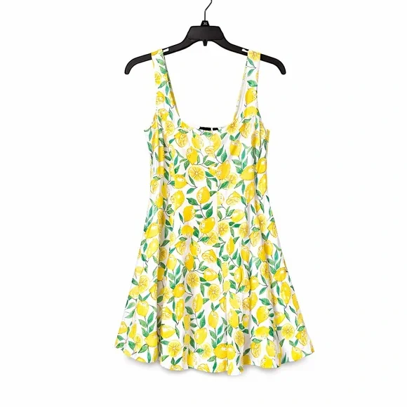 Gap Medium Linen Blend Lemon Print Dress NWT Summer Sundress Smocked Back A-Line - Picture 1 of 11